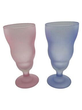 Set Of 2 Vintage Libbey Pastel Frosted Ice Cream Glasses Pink Blue
